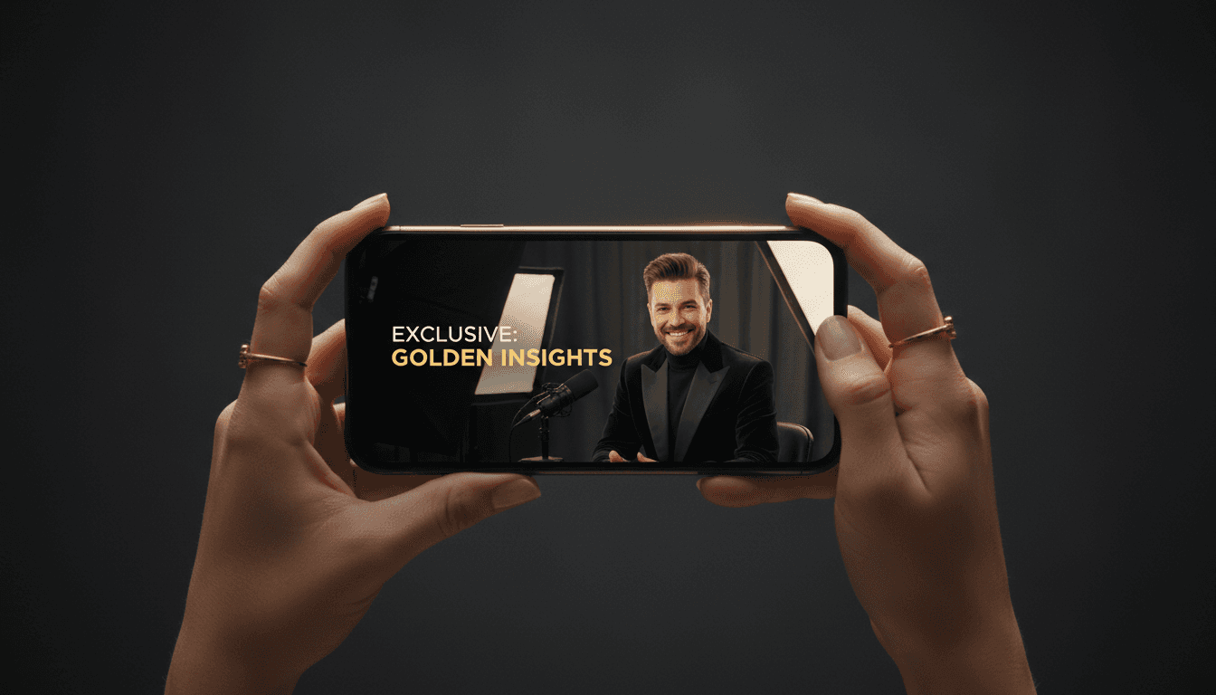 هاتف ذكي يعرض رسالة فيديو من مشهور مع إضاءة ذهبية احترافية