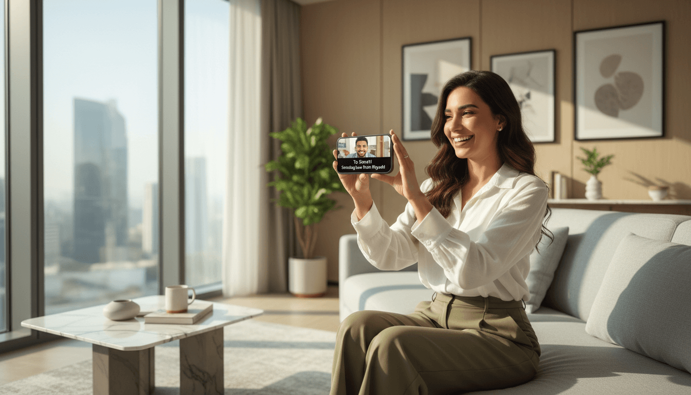 امرأة تشعر بالفرح وهي تشاهد رسالة فيديو شخصية على هاتفها الذكي