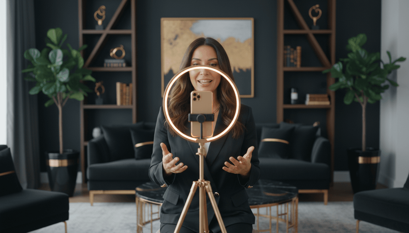 Content creator recording a personalized video message in a professional home studio with gold accents and modern lighting
